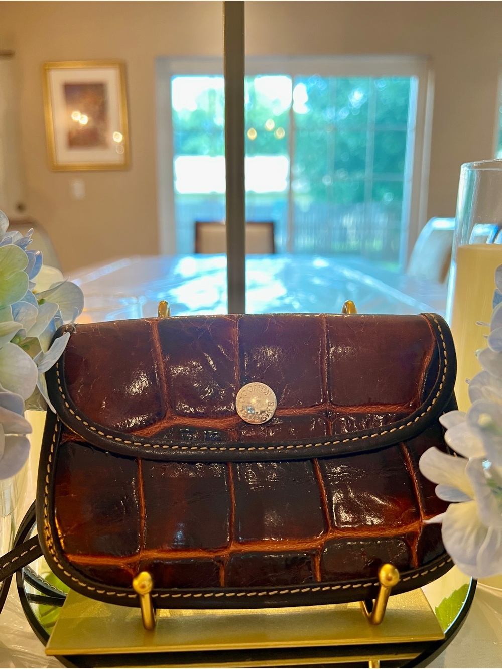 Dooney & Bourke Brown Croc Embossed Brown Leather Small Flap Wristlet Wallet